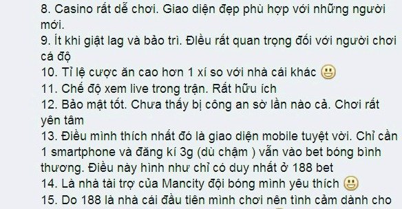 Người chơi đánh giá, Review về 188Bet Việt Nam